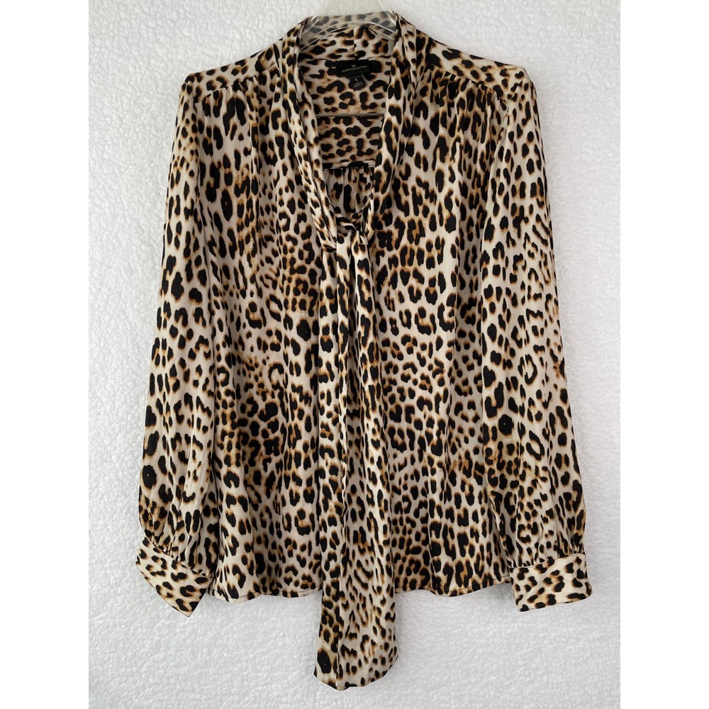 Worthington Womens Large Leopard Print Tie Neck Button Front Blouse Tan Black